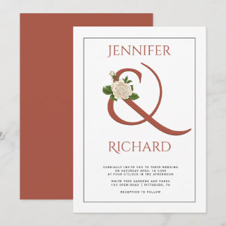 Elegant terracotta ampersand, white rose wedding invitation