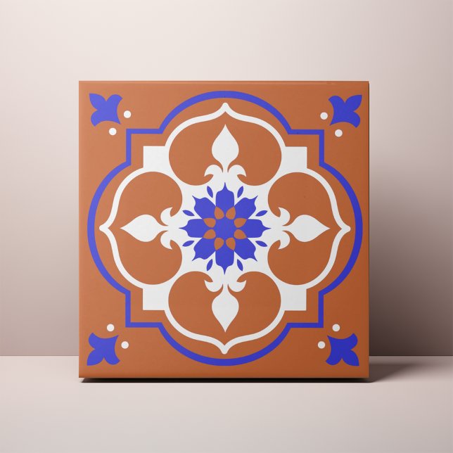 Elegant Terracotta and Blue Flower Azulejo Ceramic Tile (Creator Uploaded)