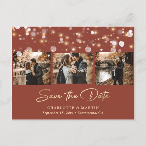 Elegant Terracotta and Gold 3 Photo Save The Date Announcement Postcard