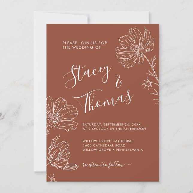 Elegant Terracotta and Green with Cosmos Flower Invitation (Front)
