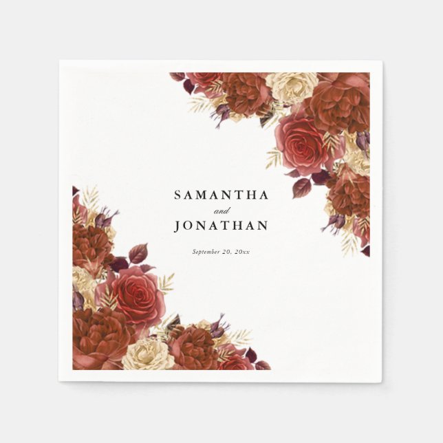 Elegant Terracotta and Ivory Flowers Wedding Napkins (Front)