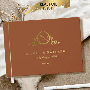Elegant Terracotta and Real Foil Monogram Wedding Guest Book