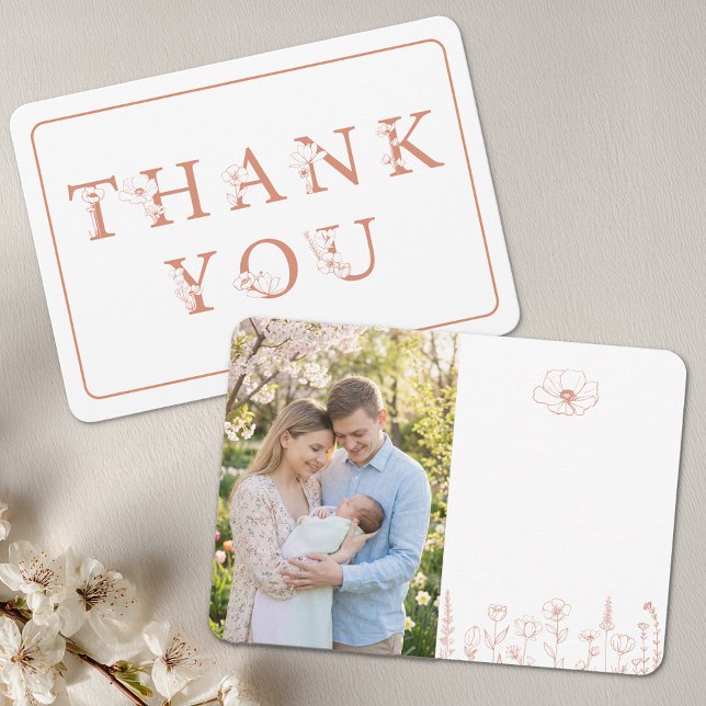 Elegant Terracotta Baby Shower Photo Thank You Card (Floral Terracotta Thank You Card)
