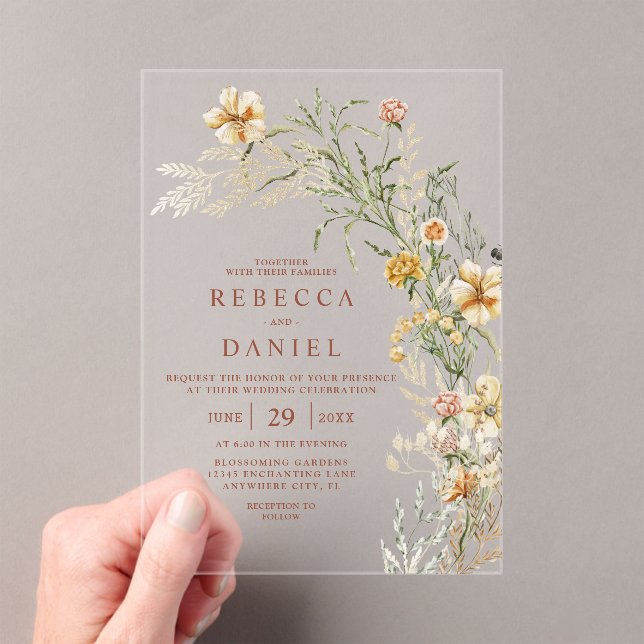 Elegant Terracotta & Beige Boho Floral Wedding Acrylic Invitations (Insitu (Handheld))