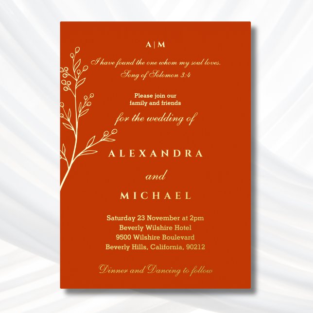 Elegant Terracotta Bible Verse Christian Wedding Foil Invitation (Creator Uploaded)