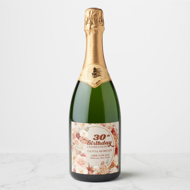 Elegant terracotta blush burgundy flowers autumn sparkling wine label (Front)