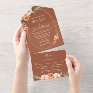 Elegant Terracotta Boho Floral Fall Wedding All In One Invitation