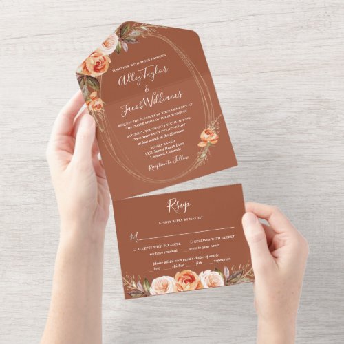Elegant Terracotta Boho Floral Fall Wedding All In One Invitation