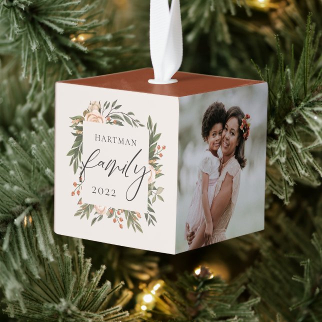 Elegant Terracotta Boho Floral Family Cube Ornament (Tree)
