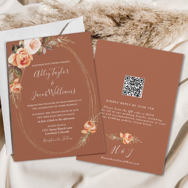 Elegant Terracotta Boho Floral QR Code Wedding Invitation (Creator Uploaded)
