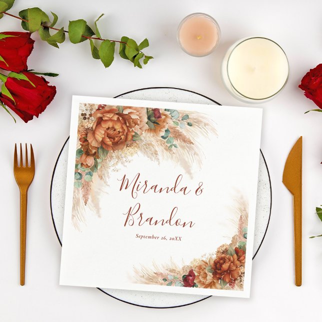 Elegant Terracotta Boho Pampas Grass Wedding Napkins (Creator Uploaded)