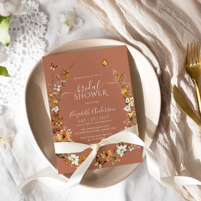 Elegant Terracotta Boho Wildflowers Bridal Shower Invitation (Creator Uploaded)