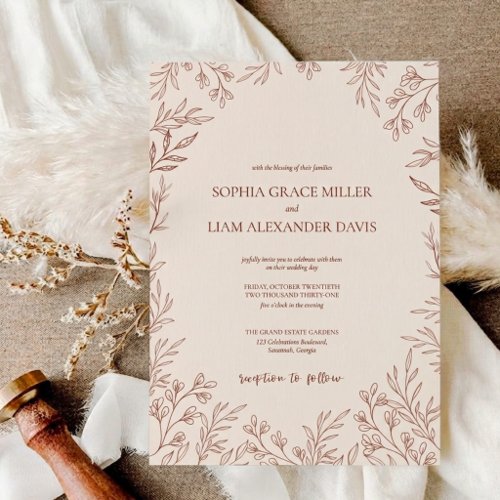 Elegant Terracotta Burnt Orange Leaf Wedding Invitation