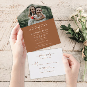 Elegant Terracotta Calligraphy Photo Wedding All In One Invitation