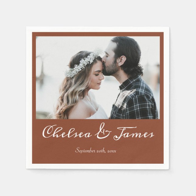Elegant Terracotta Calligraphy Photo Wedding Party Napkins (Front)