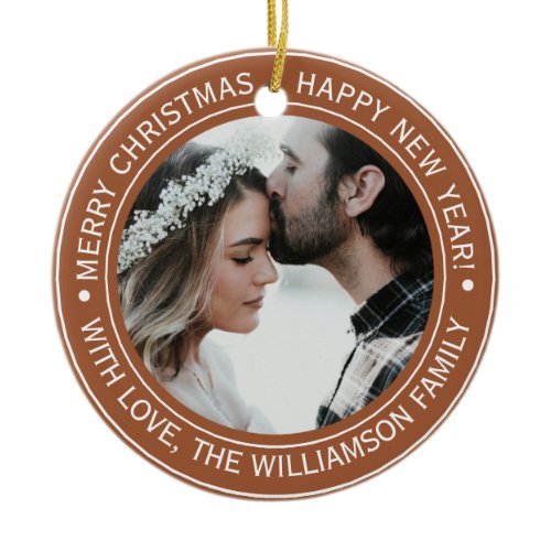 Elegant Terracotta Christmas Monogram Photo Ceramic Ornament