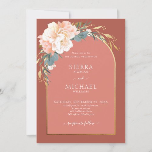 Elegant Terracotta Cream Floral Gold Arch Wedding Invitation