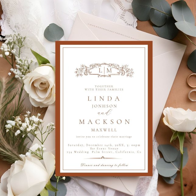 Elegant Terracotta  Crest Monogram Wedding   Invitation (Creator Uploaded)