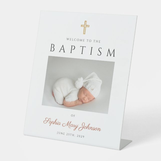 Elegant Terracotta Cross Photo Baptism Welcome Pedestal Sign (Front)