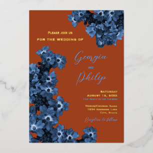 Elegant Terracotta & Dusty Blue Flowers Wedding Foil Invitation