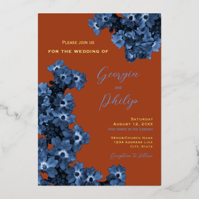 Elegant Terracotta & Dusty Blue Flowers Wedding Foil Invitation (Front)