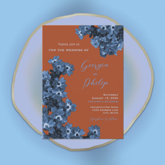 Elegant Terracotta & Dusty Blue Flowers Wedding Invitation