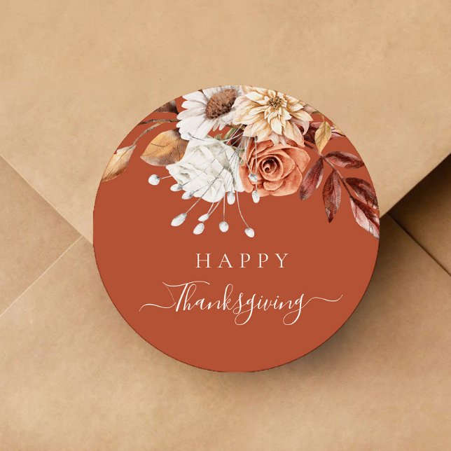 Elegant Terracotta Fall Floral Happy Thanksgiving Classic Round Sticker (Elegant Terracotta Fall Floral Happy Thanksgiving Classic Round Sticker)