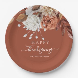 Elegant Terracotta Fall Floral Happy Thanksgiving