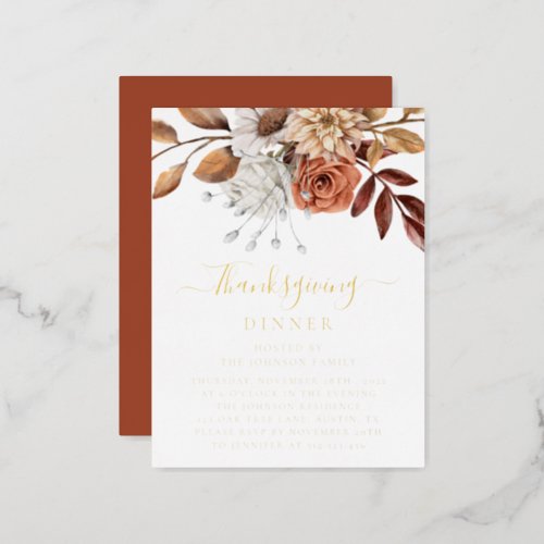 Elegant Terracotta Fall Floral Leaves Thanksgiving Foil Invitation Postcard