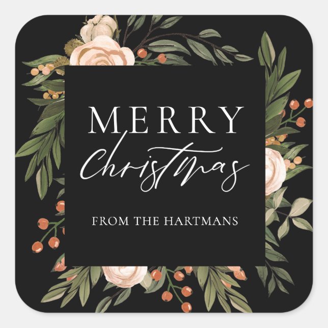 Elegant Terracotta Floral Boho Christmas Name  Square Sticker (Front)