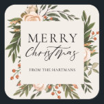 Elegant Terracotta Floral Boho Christmas Name   Square Sticker<br><div class="desc">These beautiful Christmas holiday gift stickers feature a hand painted floral design in dark olive green, terracotta burnt orange, and ivory over an ivory background (color can be customized, if desired). Stylish typography reads, "Merry Christmas." Easy to personalize for unique holiday gift labels! For design inquiries, please email me (Tracey)...</div>