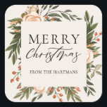 Elegant Terracotta Floral Boho Christmas Name   Square Sticker<br><div class="desc">These beautiful Christmas holiday gift stickers feature a hand painted floral design in dark olive green, terracotta burnt orange, and ivory over an ivory background (color can be customized, if desired). Stylish typography reads, "Merry Christmas." Easy to personalize for unique holiday gift labels! For design inquiries, please email me (Tracey)...</div>