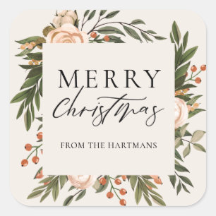 Elegant Terracotta Floral Boho Christmas Name Square Sticker