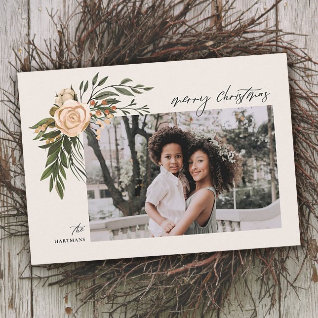 Elegant Terracotta Floral Boho Photo Christmas Holiday Card (Creator Uploaded)