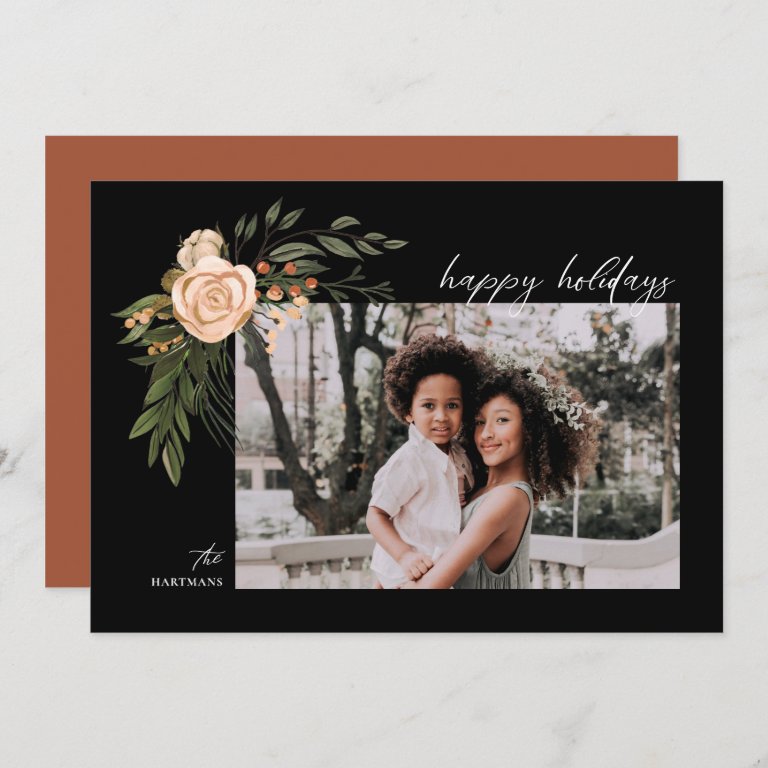 Elegant Terracotta Floral Boho Photo Holiday Card