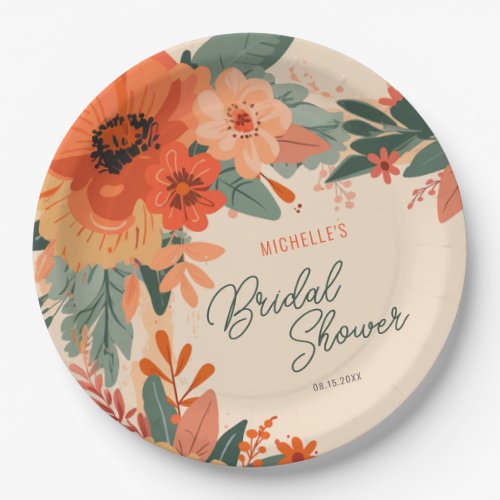 Elegant Terracotta Floral Bridal Shower Paper Plates