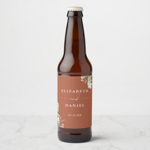 Elegant Terracotta Floral Greenery Wedding Beer Bottle Label