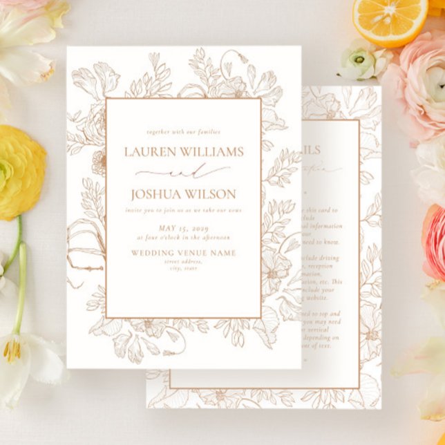 Elegant Terracotta Floral Line Art Details Wedding Invitation (Creator Uploaded)