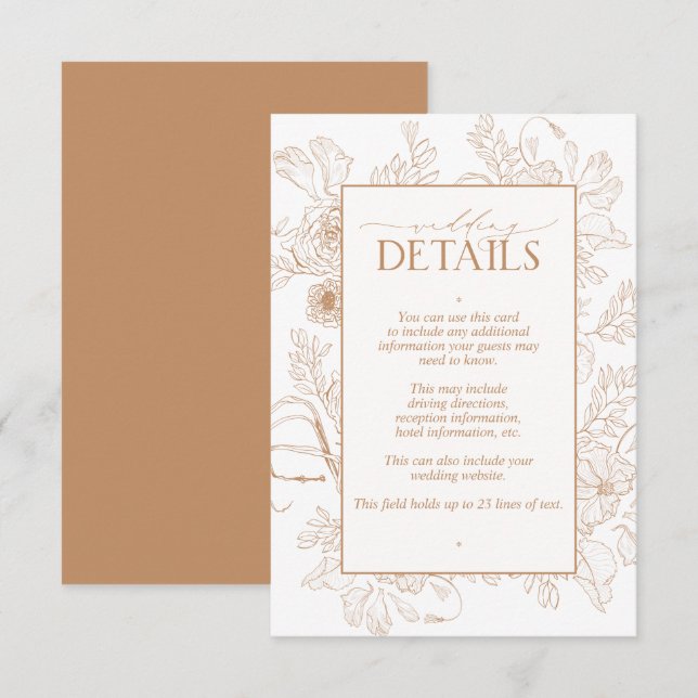 Elegant Terracotta Floral Line Art Wedding Details Enclosure Card (Front/Back)