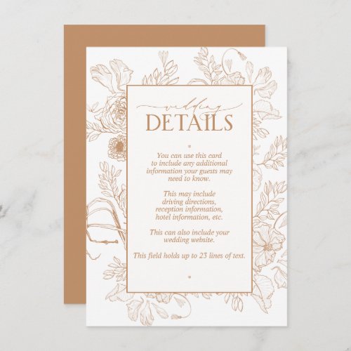 Elegant Terracotta Floral Line Art Wedding Details Enclosure Card