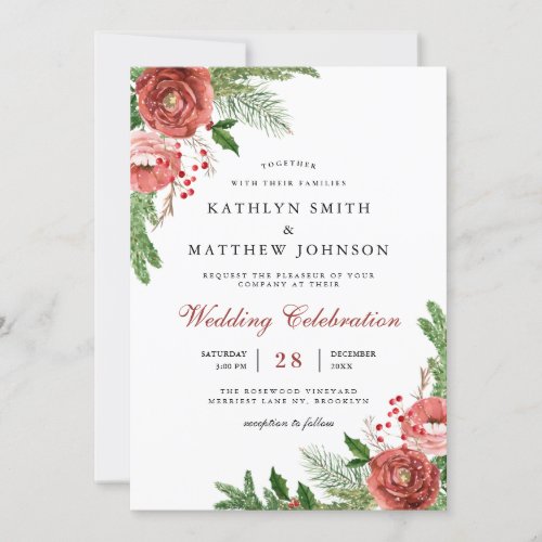 Elegant Terracotta Floral Pine Bough Wedding Photo Invitation