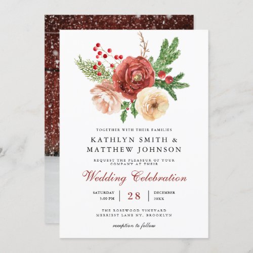 Elegant Terracotta Floral Pine Bough Wedding Photo Invitation