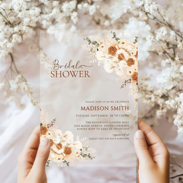 Elegant Terracotta Floral QR Code Bridal Shower Acrylic Invitations (Creator Uploaded)