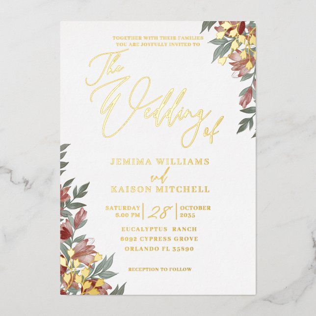 Elegant Terracotta Floral Real Gold Wedding Foil I Invitation (Front)