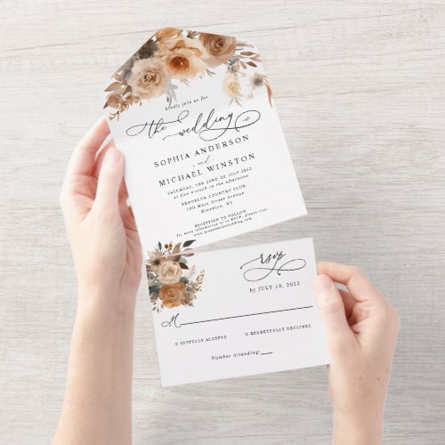 Elegant Terracotta Floral Rose Botanical Wedding All In One Invitation