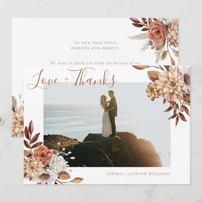 Elegant Terracotta Floral Script Photo Thank You Card (Front/Back)