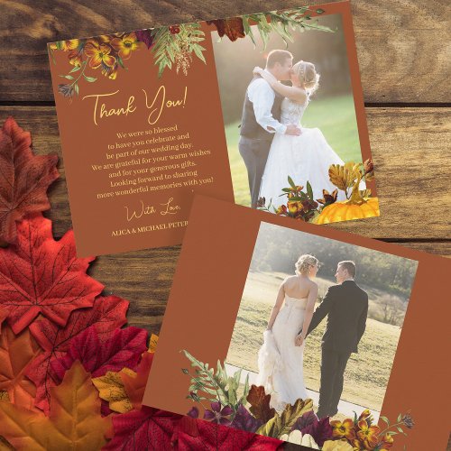 Elegant terracotta floral script photo wedding thank you card