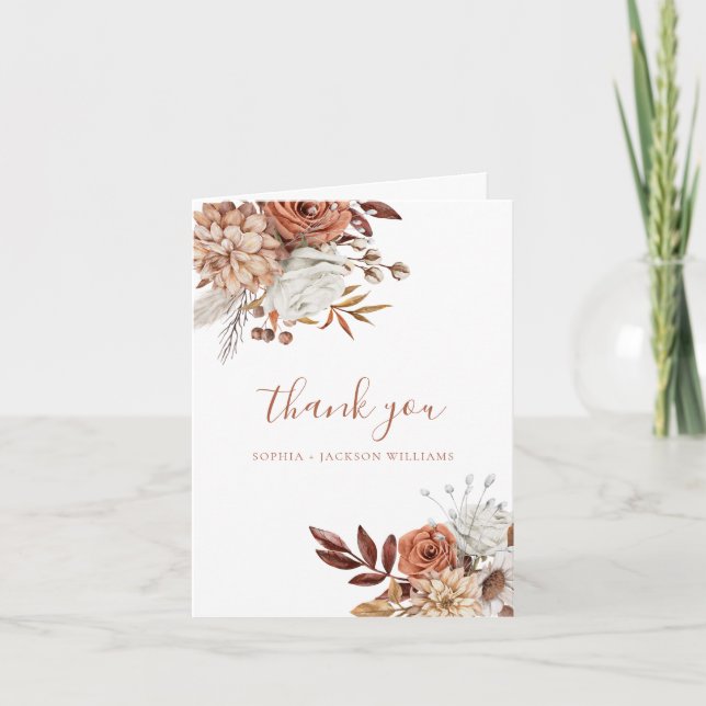 Elegant Terracotta Floral Script Thank You Card (Front)