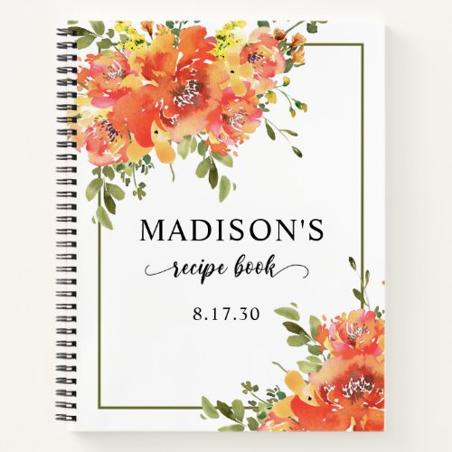 Elegant Terracotta Floral Watercolor Shower Recipe Notebook