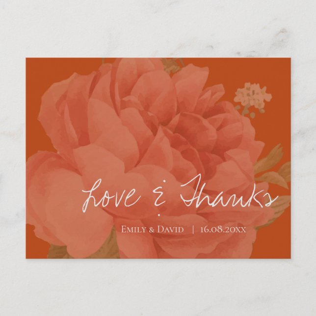 Elegant Terracotta Floral Wedding Love And Thanks Postcard (Front)